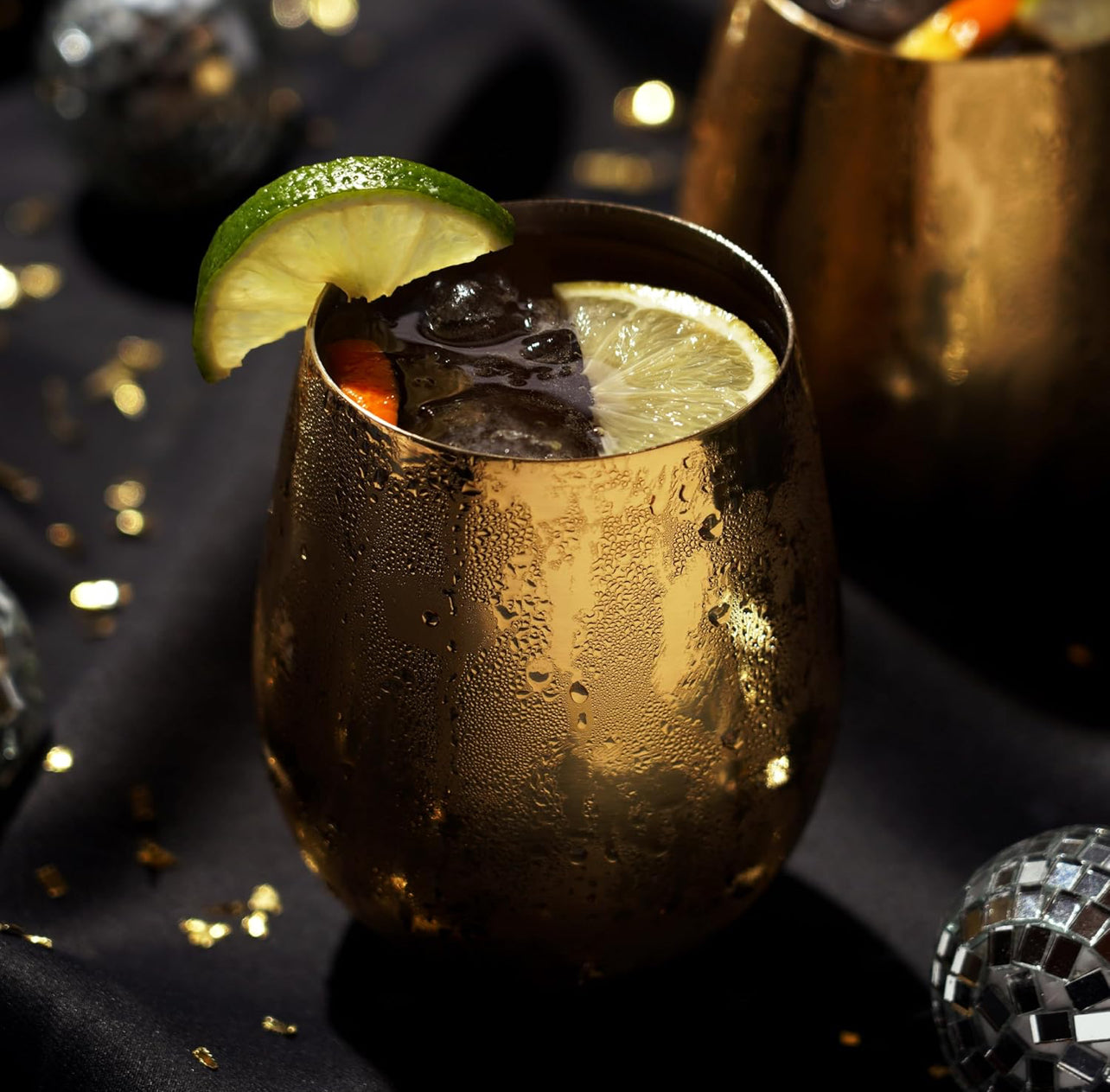 Stemless Stainless Steel Wine Tumbler with Gold Exterior Finish