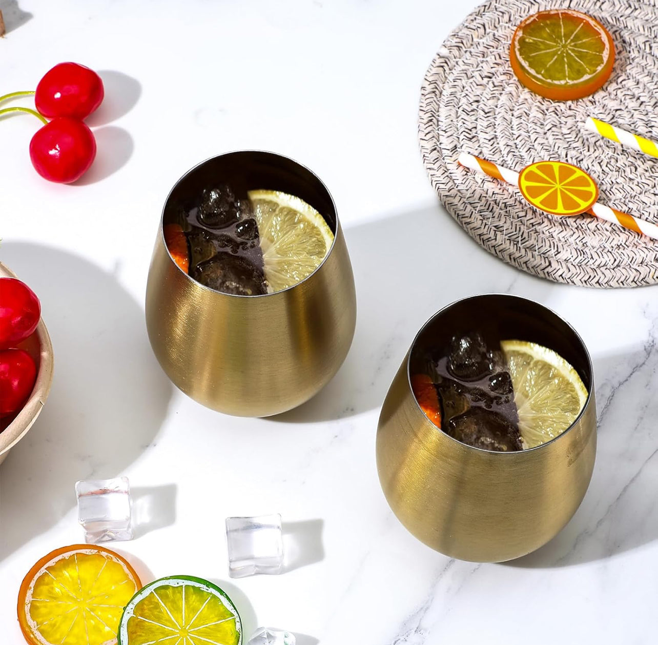 Stemless Stainless Steel Wine Tumbler with Gold Exterior Finish